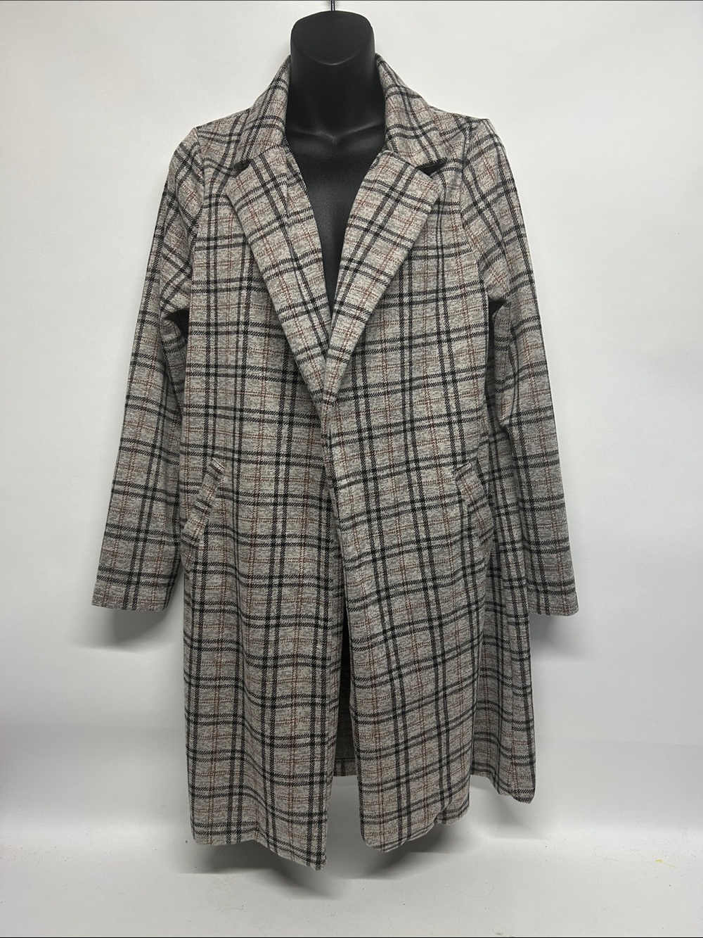 Plaid Long Tailored Coat in Beige and Black small